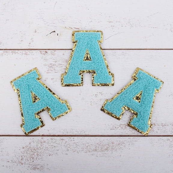3 Pack Chenille Iron On Glitter Varsity Letter "A" Patches - Blue Chenille Fabric With Gold Glitter Trim - Sew or Iron on - 8 cm Tall