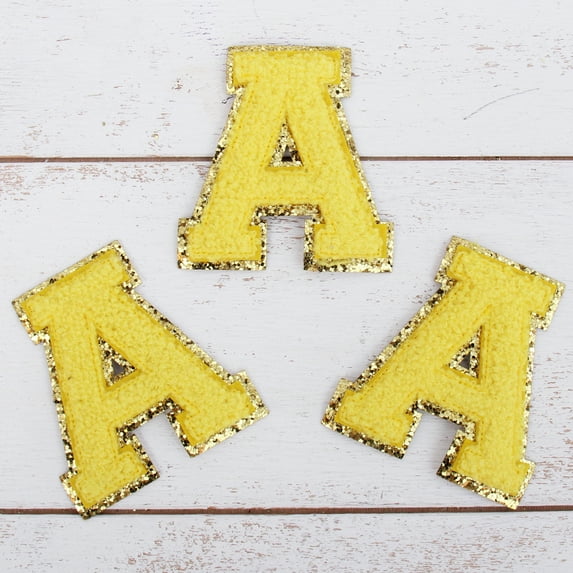3 Pack Chenille Iron On Glitter Varsity Letter "A" Patches - Yellow Chenille Fabric With Gold Glitter Trim - Sew or Iron on - 5.5 cm Tall