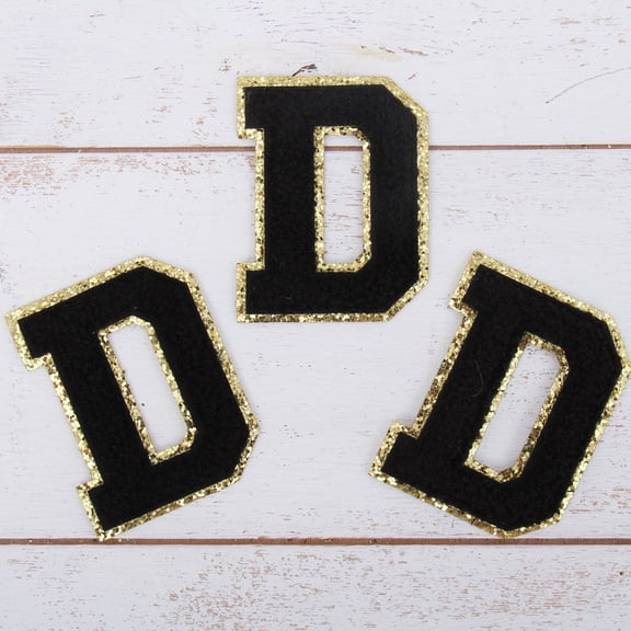 3 Pack Chenille Iron On Glitter Varsity Letter "D" Patches - Black Chenille Fabric With Gold Glitter Trim - Sew or Iron on - 8 cm Tall
