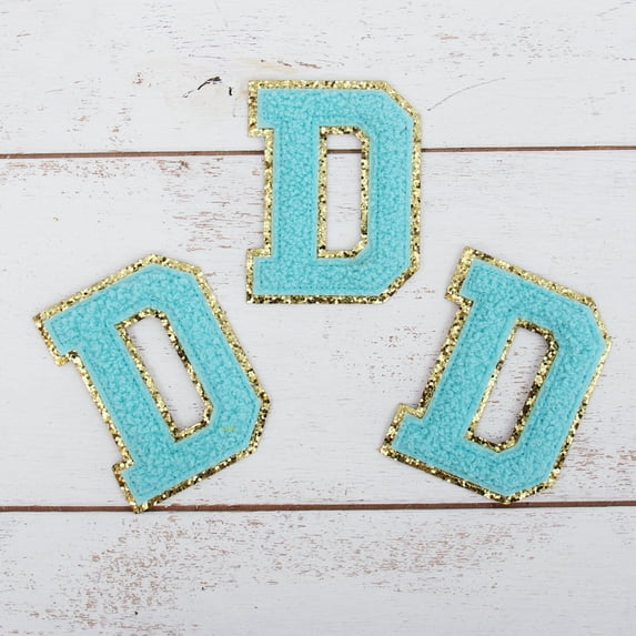 3 Pack Chenille Iron On Glitter Varsity Letter "D" Patches - Blue Chenille Fabric With Gold Glitter Trim - Sew or Iron on - 8 cm Tall