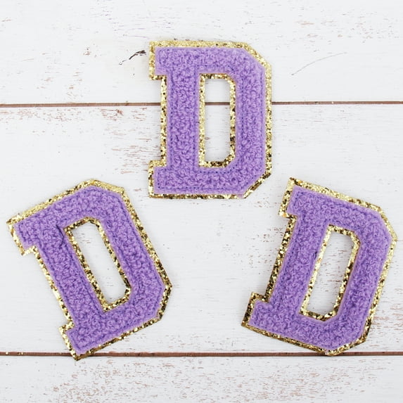 3 Pack Chenille Iron On Glitter Varsity Letter "D" Patches - Lavender Chenille Fabric With Gold Glitter Trim - Sew or Iron on - 8 cm Tall
