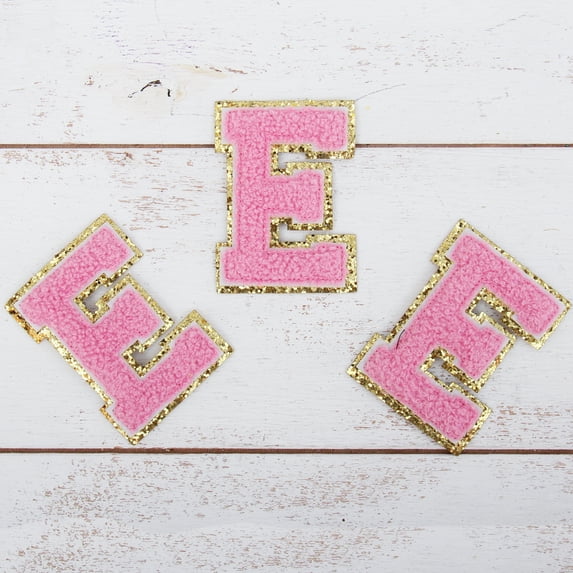 3 Pack Chenille Iron On Glitter Varsity Letter "E" Patches - Pink Chenille Fabric With Gold Glitter Trim - Sew or Iron on - 8 cm Tall