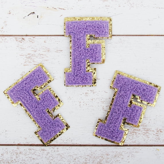 3 Pack Chenille Iron On Glitter Varsity Letter "F" Patches - Lavender Chenille Fabric With Gold Glitter Trim - Sew or Iron on - 5.5 cm Tall
