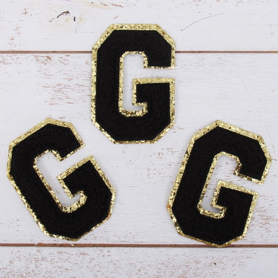 3 Pack Chenille Iron On Glitter Varsity Letter "G" Patches - Black Chenille Fabric With Gold Glitter Trim - Sew or Iron on - 8 cm Tall