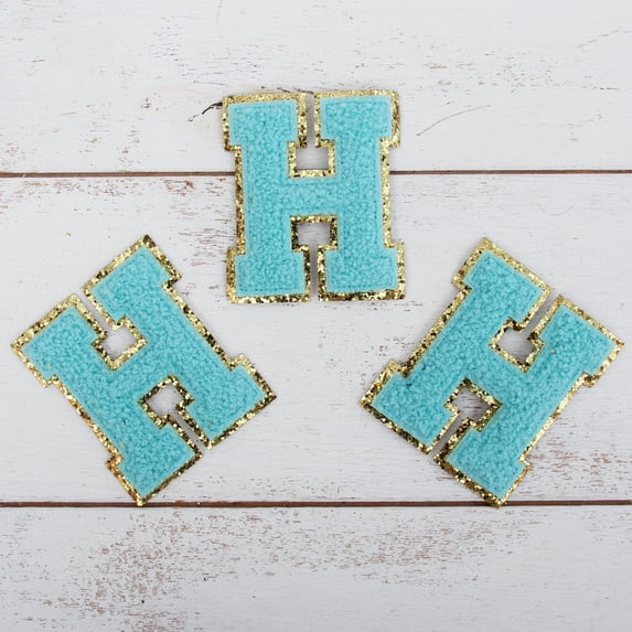 3 Pack Chenille Iron On Glitter Varsity Letter "H" Patches - Blue Chenille Fabric With Gold Glitter Trim - Sew or Iron on - 5.5 cm Tall