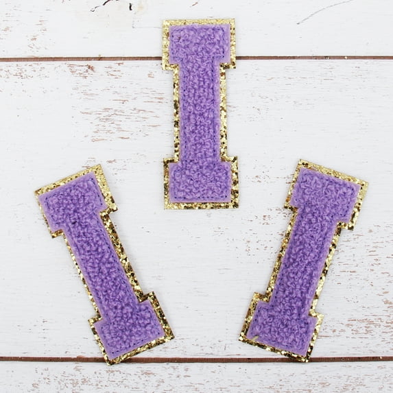 3 Pack Chenille Iron On Glitter Varsity Letter "I" Patches - Lavender Chenille Fabric With Gold Glitter Trim - Sew or Iron on - 5.5 cm Tall