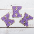 thumbnail image 1 of 3 Pack Chenille Iron On Glitter Varsity Letter "K" Patches - Lavender Chenille Fabric With Gold Glitter Trim - Sew or Iron on - 8 cm Tall, 1 of 8