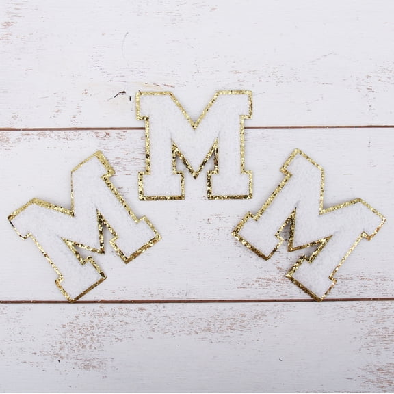 3 Pack Chenille Iron On Glitter Varsity Letter "M" Patches - White Chenille Fabric With Gold Glitter Trim - Sew or Iron on - 8 cm Tall