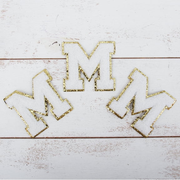 3 Pack Chenille Iron On Glitter Varsity Letter "M" Patches - White Chenille Fabric With Gold Glitter Trim - Sew or Iron on - 8 cm Tall
