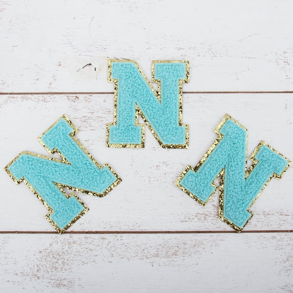 3 Pack Chenille Iron On Glitter Varsity Letter "N" Patches - Blue Chenille Fabric With Gold Glitter Trim - Sew or Iron on - 8 cm Tall