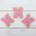 thumbnail image 1 of 3 Pack Chenille Iron On Glitter Varsity Letter "N" Patches - Pink Chenille Fabric With Gold Glitter Trim - Sew or Iron on - 5.5 cm Tall, 1 of 8
