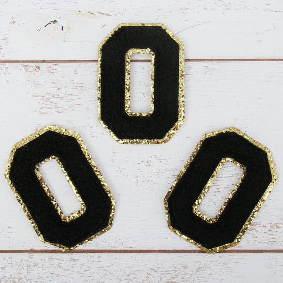 3 Pack Chenille Iron On Glitter Varsity Letter "O" Patches - Black Chenille Fabric With Gold Glitter Trim - Sew or Iron on - 8 cm Tall