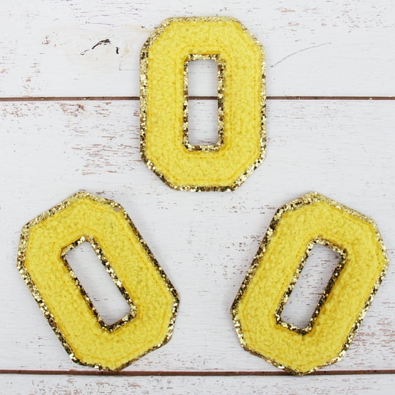 3 Pack Chenille Iron On Glitter Varsity Letter "O" Patches - Yellow Chenille Fabric With Gold Glitter Trim - Sew or Iron on - 5.5 cm Tall