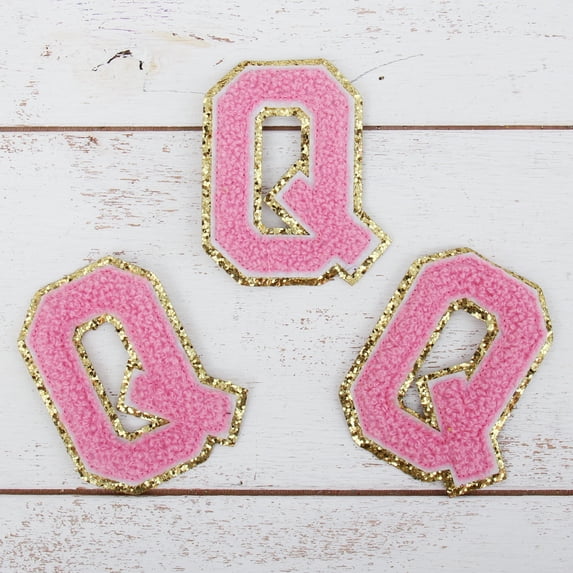 3 Pack Chenille Iron On Glitter Varsity Letter "Q" Patches - Pink Chenille Fabric With Gold Glitter Trim - Sew or Iron on - 8 cm Tall