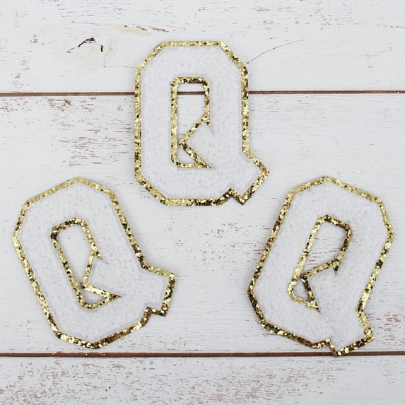 3 Pack Chenille Iron On Glitter Varsity Letter "Q" Patches - White Chenille Fabric With Gold Glitter Trim - Sew or Iron on - 5.5 cm Tall