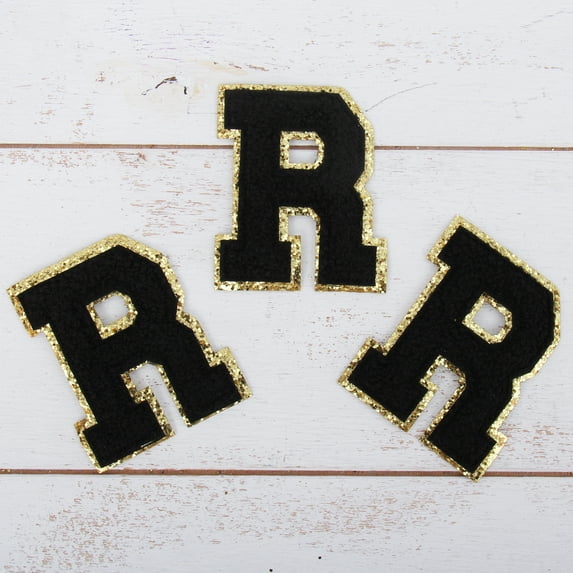 3 Pack Chenille Iron On Glitter Varsity Letter "R" Patches - Black Chenille Fabric With Gold Glitter Trim - Sew or Iron on - 8 cm Tall