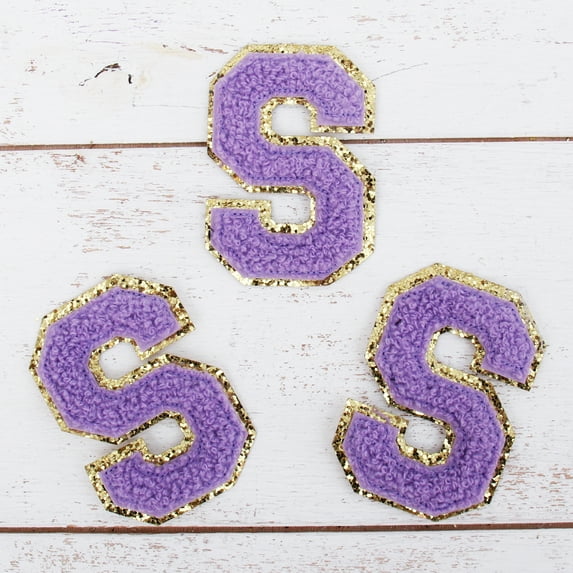 3 Pack Chenille Iron On Glitter Varsity Letter "S" Patches - Lavender Chenille Fabric With Gold Glitter Trim - Sew or Iron on - 8 cm Tall