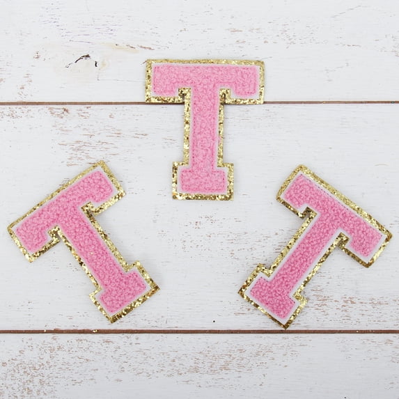 3 Pack Chenille Iron On Glitter Varsity Letter "T" Patches - Pink Chenille Fabric With Gold Glitter Trim - Sew or Iron on - 8 cm Tall