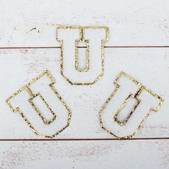 3 Pack Chenille Iron On Glitter Varsity Letter "U" Patches - White Chenille Fabric With Gold Glitter Trim - Sew or Iron on - 5.5 cm Tall