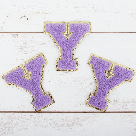 3 Pack Chenille Iron On Glitter Varsity Letter "Y" Patches - Lavender Chenille Fabric With Gold Glitter Trim - Sew or Iron on - 8 cm Tall