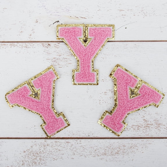 3 Pack Chenille Iron On Glitter Varsity Letter "Y" Patches - Pink Chenille Fabric With Gold Glitter Trim - Sew or Iron on - 8 cm Tall