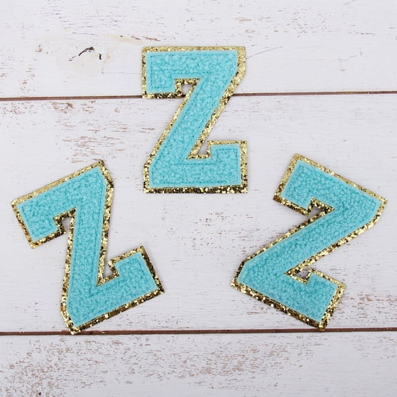 3 Pack Chenille Iron On Glitter Varsity Letter "Z" Patches - Blue Chenille Fabric With Gold Glitter Trim - Sew or Iron on - 8 cm Tall