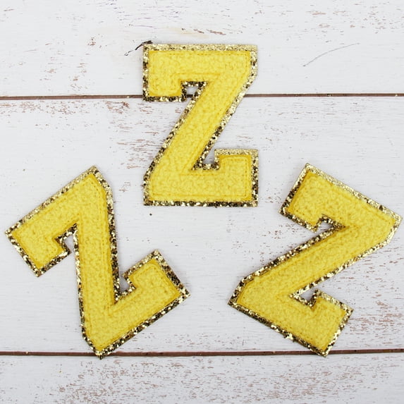 3 Pack Chenille Iron On Glitter Varsity Letter "Z" Patches - Yellow Chenille Fabric With Gold Glitter Trim - Sew or Iron on - 8 cm Tall