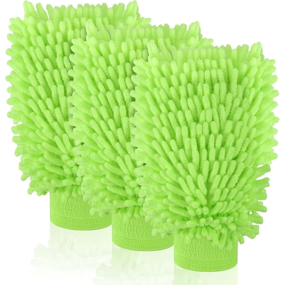 3 Pack Chenille Microfiber Car Wash Mitt, 7" x 9.6" Washing Mitts, Home Dusting Gloves, Scratch Free Lint-Free, Highly Absorbent, Double Sided, for Cleaning Detailing Polish (Green)