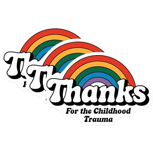 (3 Pack) Childhood Trauma Decals - Rainbow Humor - Sarcastic Laptop Decal - 3 Inches On Longest Side - Easy Peel & Apply - Made in USA - 3MCS4371