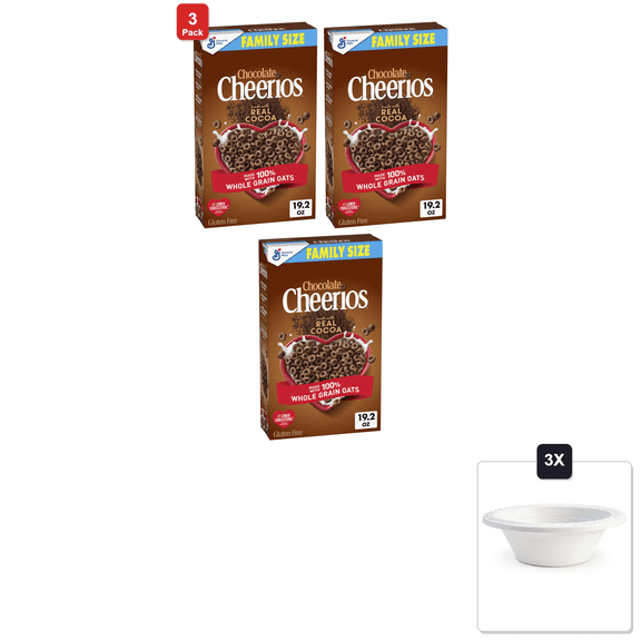 3 Pack | Chocolate Cheerios, Family Size, 19.2 oz & 3x 12oz Disposable Plastic Bowl