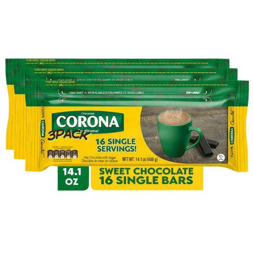 3 Pack Chocolate Corona 14.1 oz (400g) Traditional Colombian Sweet Hot Chocolate Bar 16 Single Bars Resealable Pack
