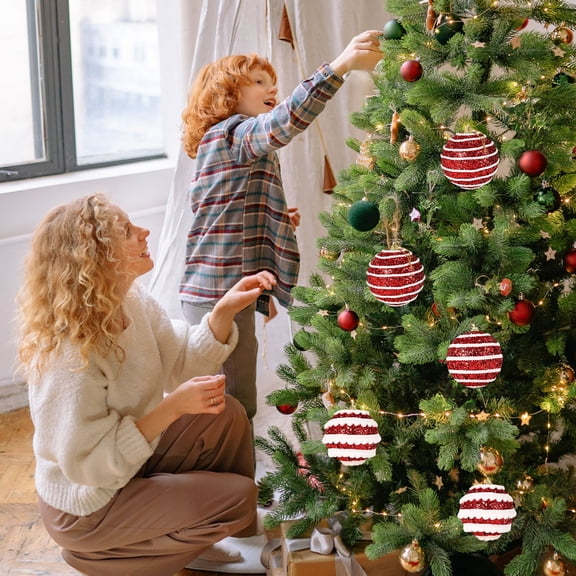 3 Pack Christmas Ball Ornaments Set, 3.14 inch Glitter Stripes Shatterproof Christmas Ornaments, Hanging Tree Baubles for Xmas Tree Holiday Wedding Home Party Decor