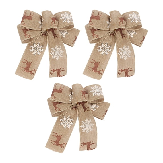3-Pack Christmas Bow Decorations – Woven Linen Bows with Snowflake Print for Tree, Wreath, Gift Wrapping & Holiday Décor – Rustic Hanging Ribbon Set