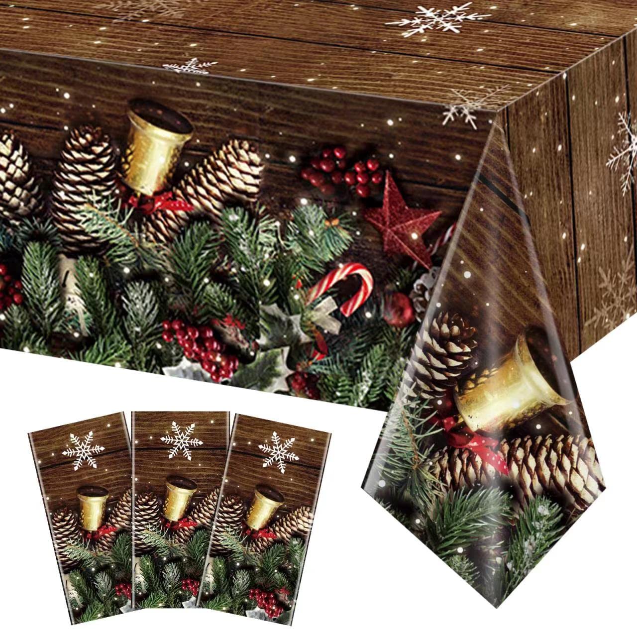 3 Pack Christmas Brown HHA1 Wood Grain Tablecloth, Xmas Gold Glitter