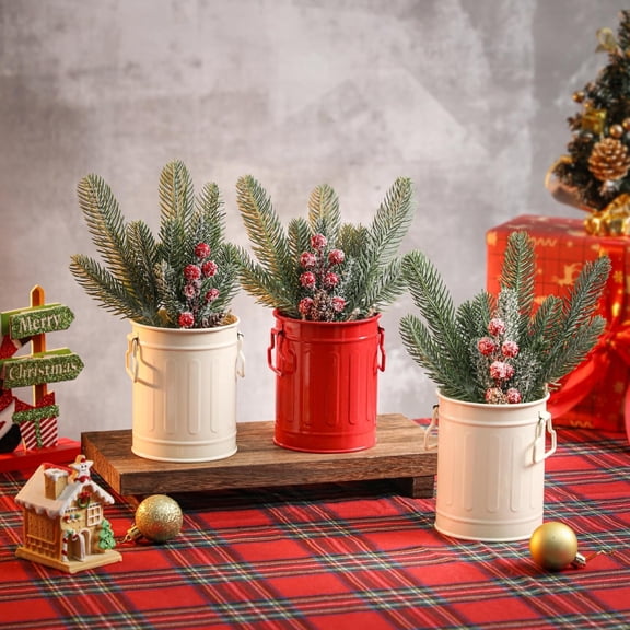 3 Pack Christmas Centerpiece Table Decoration, Painted Cans with Artificial Pine Branches, Xmas Home Decor, Farmhouse Winter Christmas Decoration White