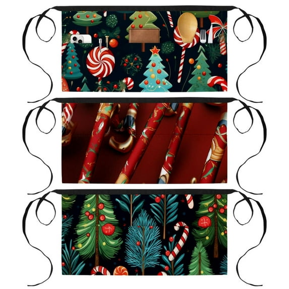3 Pack Christmas Crutch Server Aprons with 3 Pockets - Unisex Short/Half Waiter Waist Short Apron