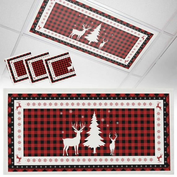 3 Pack Christmas Deer Fluorescent Light Covers for Ceiling Lights Tree Black Silhouette Black and Red Plaid Magnetic Ceiling Light Covers Overhead Light Filters for Office Classroom Home