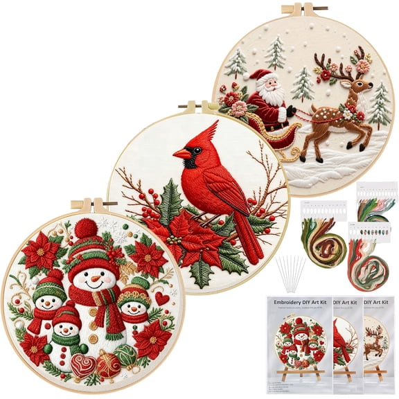 3 Pack Christmas Embroidery Kit for Adult Beginners, Needlepoint Cross Stitch Kits with Snowman Stamped Patterns, Embroidery Hoop, Tools,Colorful Threads,Step by Step Instructions,DIY Starter Kit