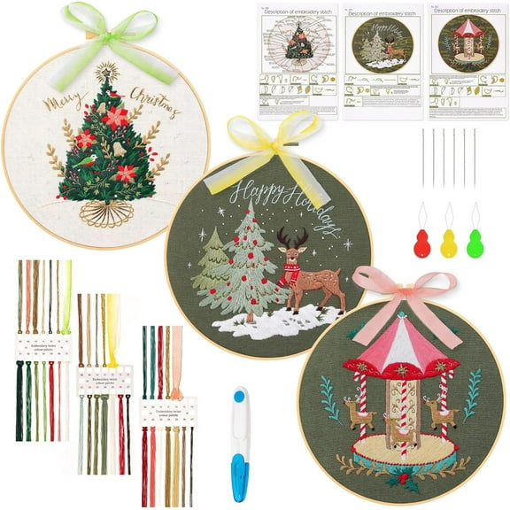 3 Pack Christmas Embroidery Kit for Beginners, Sewing Cross Stitch Starter Set Craft Stamped Cloth with Christmas Theme Pattern for Home Decorations Christmas Gifts