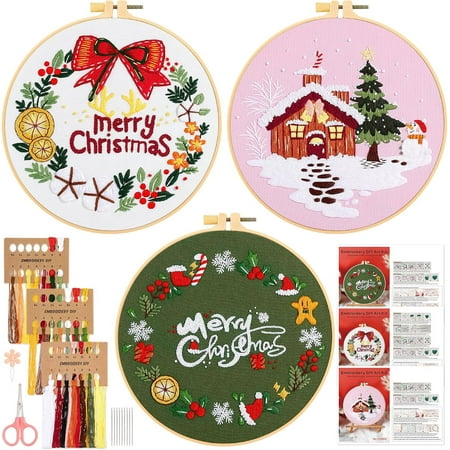 3 Pack Christmas Embroidery Kit for Beginners, Sewing Cross Stitch Starter Set Craft Stamped Cloth with Christmas Theme Pattern Hoops Threads and Needles