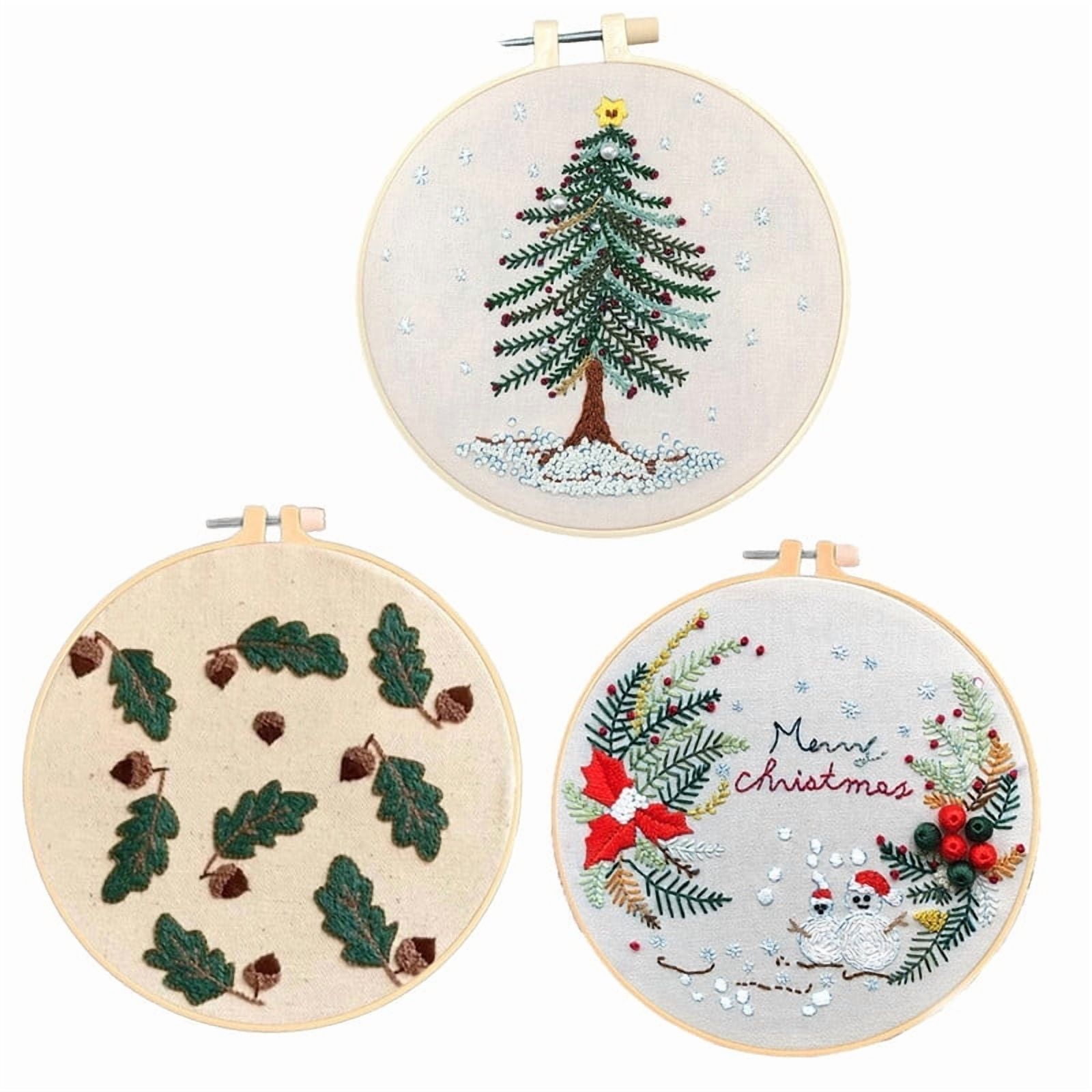 3 Pack Christmas Embroidery Kits for Beginners Stamped Embroidery Kit Includes Embroidery Cloth with Pattern Embroidery Hoop Instruction Cotton Threads Set andNeedles Gift for Mom, Grandma (Style B)