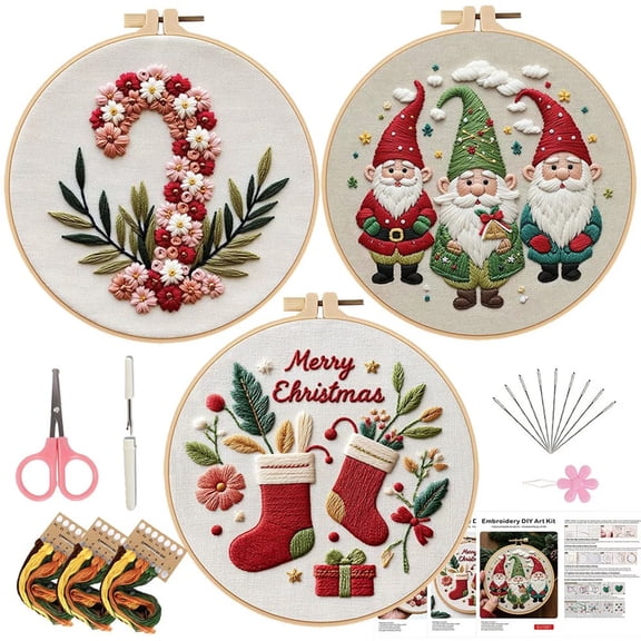 3 Pack Christmas Embroidery Kits for Beginners DIY Cross Stitch Craft Set with Hoops Threads and Patterns Holiday Ornament Embroidery Kit for Gift
