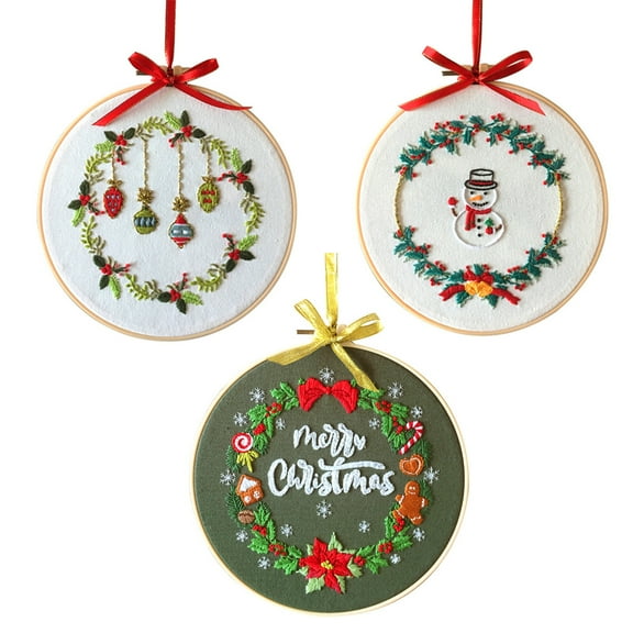 3 Pack Christmas Embroidery Kits with 1 Hoop, 3 Threads, 3 Printed Cloth, 6 Needles, Instruction