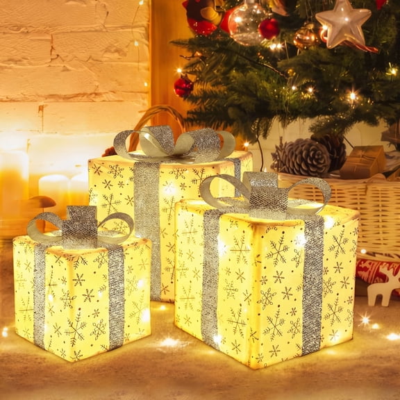 3 Pack Christmas Lighted Gift Boxes - 50 LED Battery Operated Light Up Presents with Warm White Lights, Outdoor Yard Porch Decorations for Xmas Tree Holiday Home