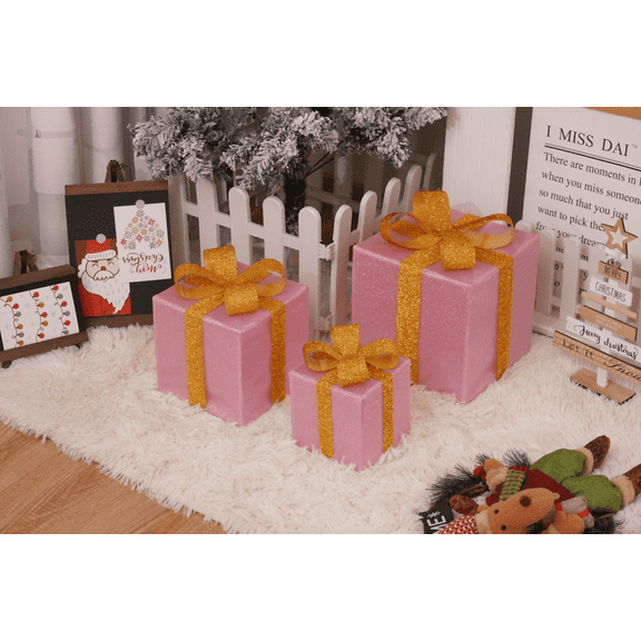 3-Pack Christmas Lighted Gift Boxes with Remote, Laser Pink Shatterproof Ornaments, Stackable Decorative LED Present Boxes for Xmas Tree Home Party Décor-pink