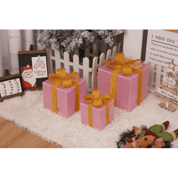 3-Pack Christmas Lighted Gift Boxes with Remote, Laser Pink Shatterproof Ornaments, Stackable Decorative LED Present Boxes for Xmas Tree Home Party Décor-pink