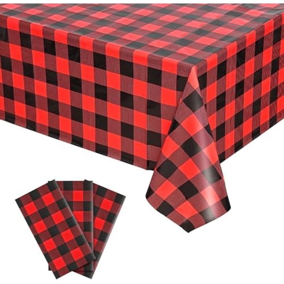 3 Pack Christmas Plastic Table Decorations, Red and Black Checkered Disposable Tablecloth, 54 x 108 Inch Rectangular Tablecloth for Christmas Party Decorations