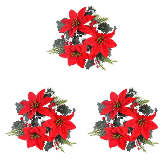 3 Pack Christmas Poinsettia Centerpieces, Red Floral Candle Rings with Red Berries and Greenery, 9 Inch Artificial Wreaths for Holiday Tabletop, Dining Table Decor