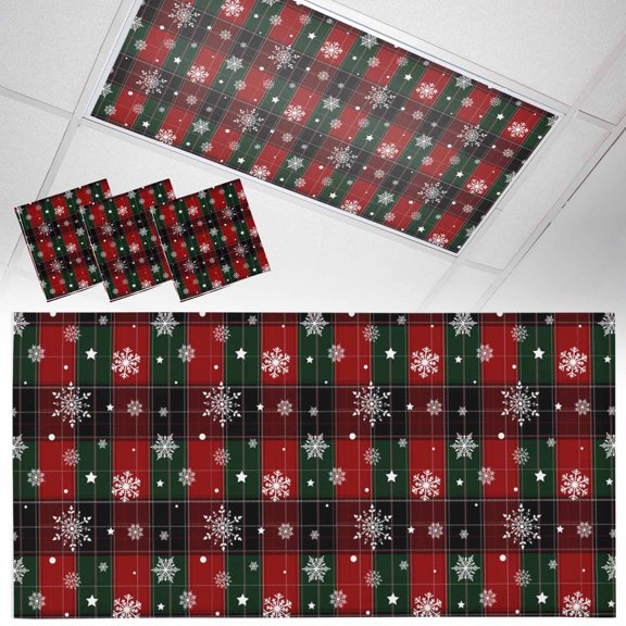 3 Pack Christmas Red Green Classic Buffalo Plaid Snowflake Pattern Fluorescent Light Covers for Ceiling Lights Magnetic Ceiling Light Covers Overhead Light Filters for Office Classroom Home