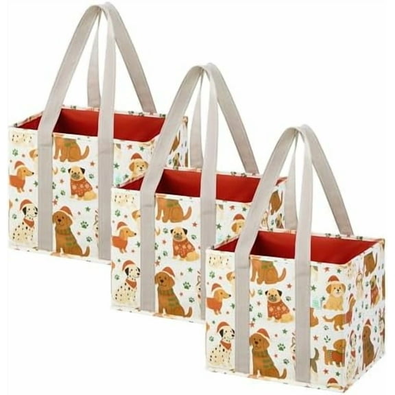 3 Pack Christmas Reusable Grocery Bags, Shopping Bags for Groceries, Tote with Handles and Hard Bottom, Foldable Shopping Cart Organizer, Water Resistant, Heavy-Duty (Holiday Pups, 6 Gallon)